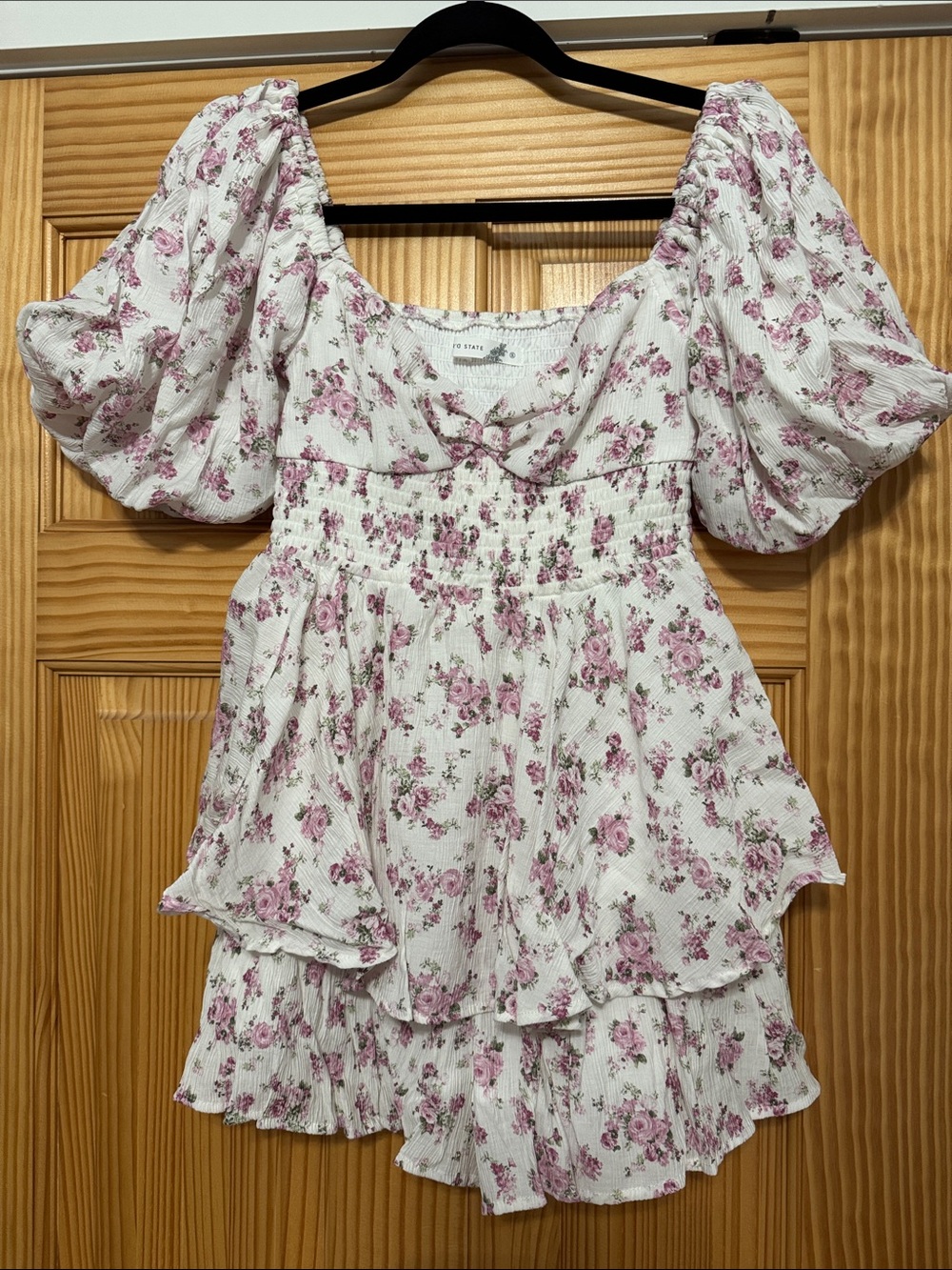 Altar'd State White Floral Short Puff Sleeve Romper with Pink Roses